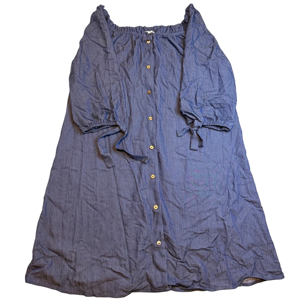 Naif Blue Chambray Button Down Midi Dress Off Shoulder Tie Sleeve Boho L